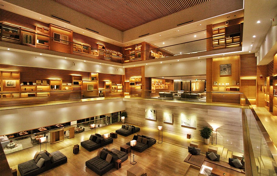 aerial, photography, building lobby, hotel, the lobby, modern, indoors, architecture, illuminated, flooring
