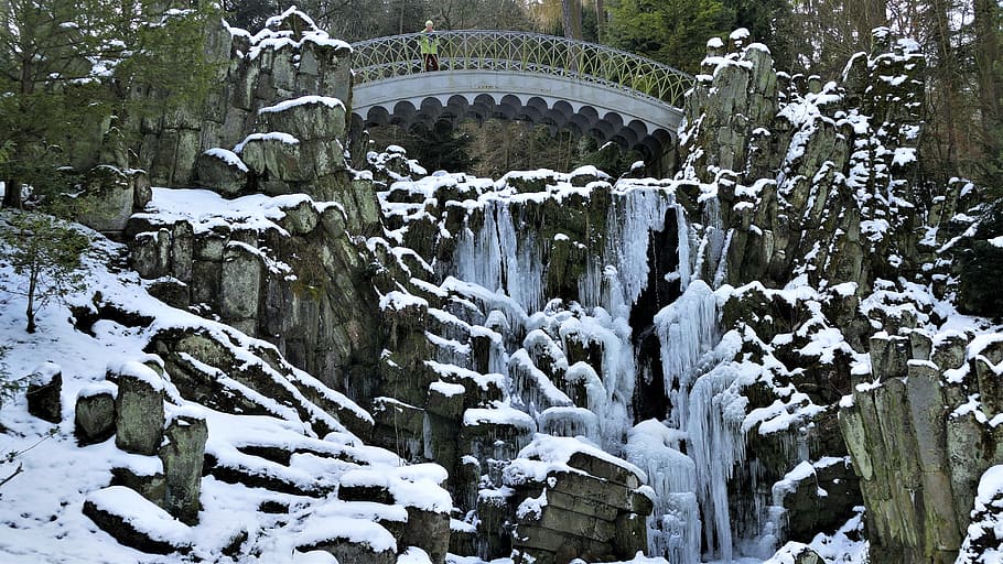 iced, waterfall, waterfalls under bridge, snow, cold temperature, winter, nature, beauty in nature, plant, white color