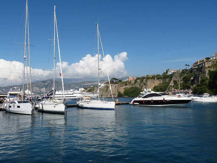 sailing boats, body, water, sorrento, italy, port, cityscape, coast, boats, cliff