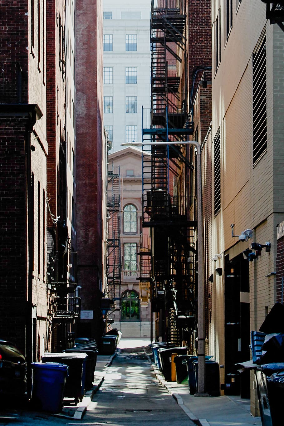 city, fire, escape, buildings, alley, windows, apartments, brick, tall, stairs