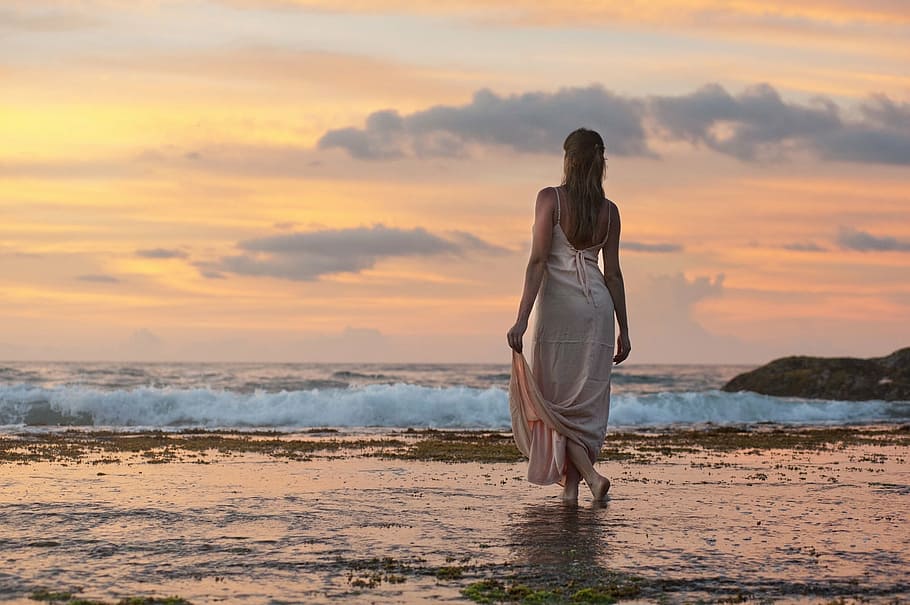 woman, white, dress, walking, body, water, sunset, beach, looking, dusk