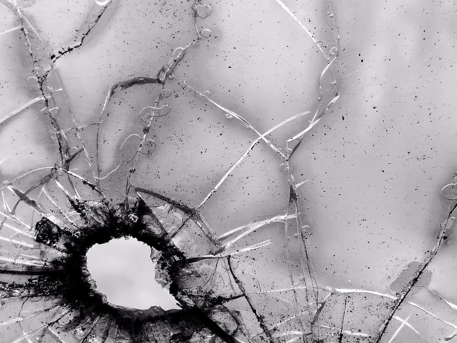 grayscale, close, photography, shattered, glass, bullet, hole, crack, illustrative, evidence