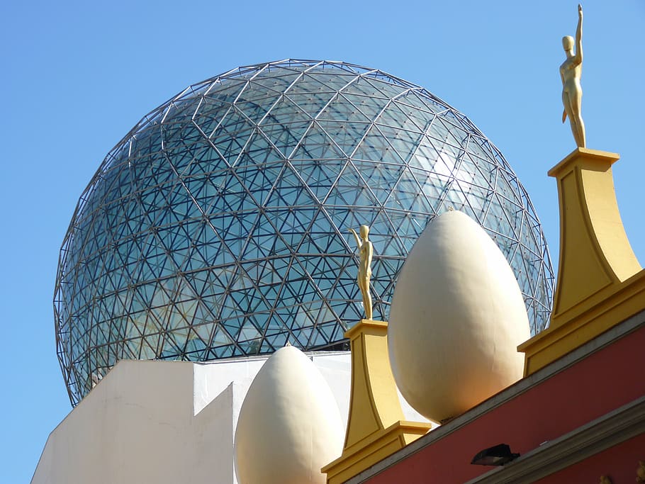 egg, figure, golden, glass dome, museum, dalí, figueras, spain, building, architecture