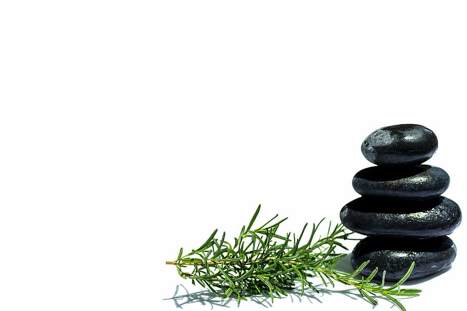 massage ad, stones, feng shui, rosemary, studio shot, white background, copy space, indoors, pebble, stack