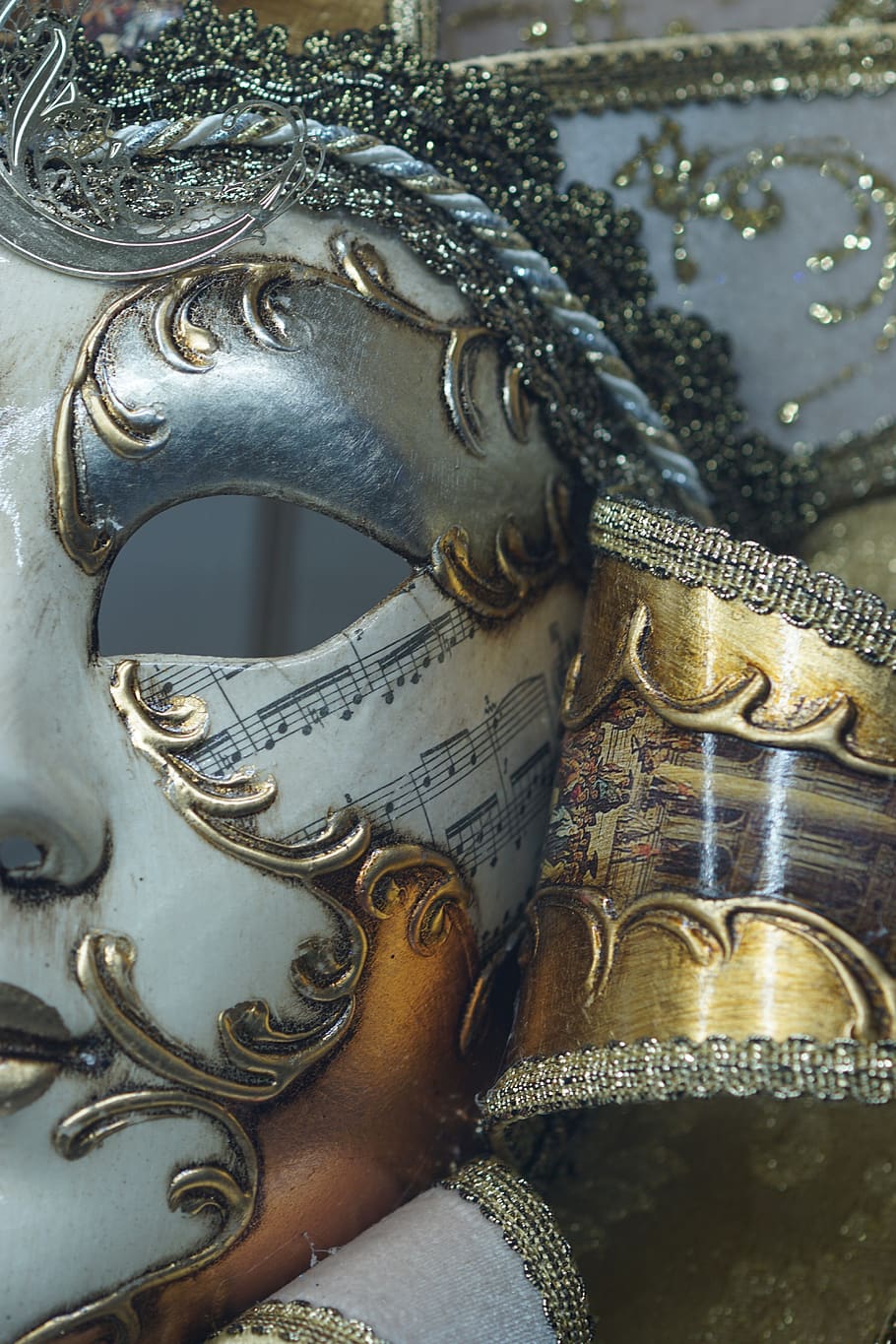 mask, venice, carnival, italy, face, golden, woman, masks, music, metal