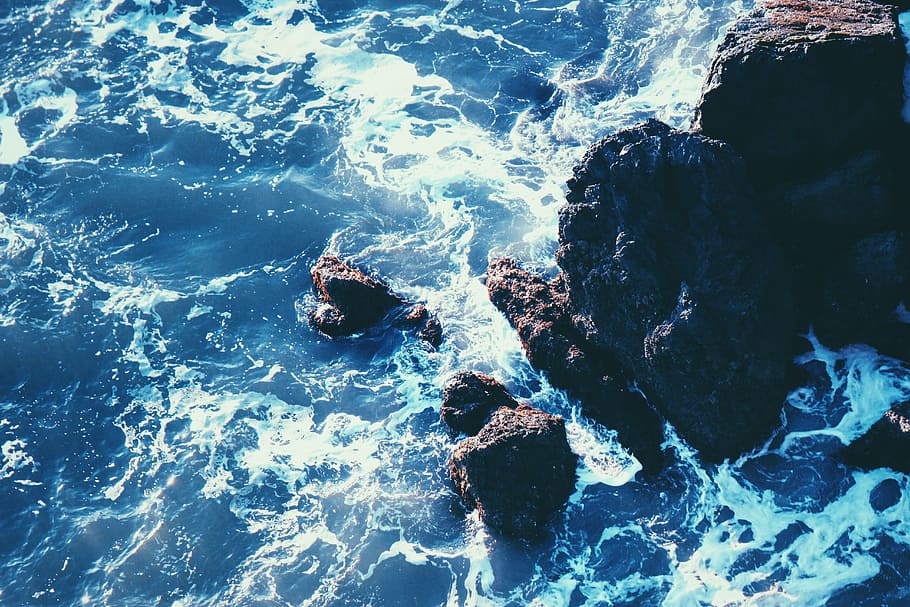 udara, foto, formasi batuan, tubuh, air, laut, coklat, batu-batu besar, siang hari, samudra
