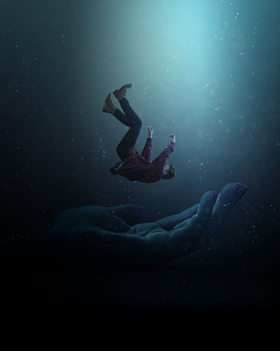 falling, hand, depths, darkness, water, man, full length, one person, underwater, sea