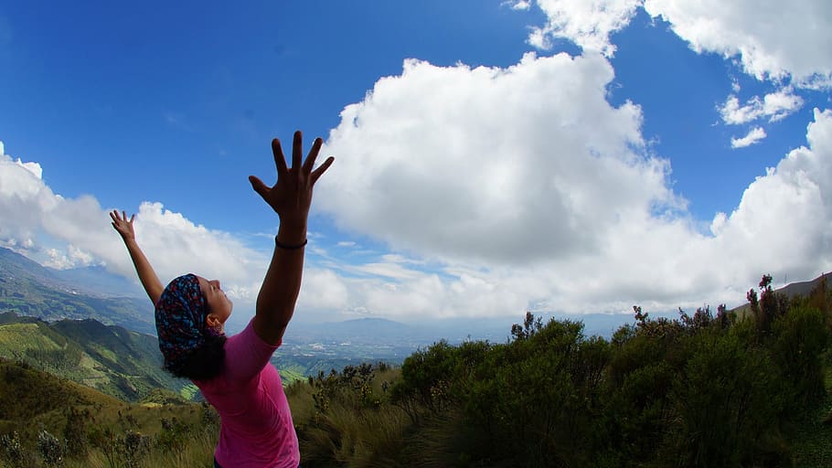 woman, raising, hand, mountain, top, ecuador, pasochoa, america, andes, blue