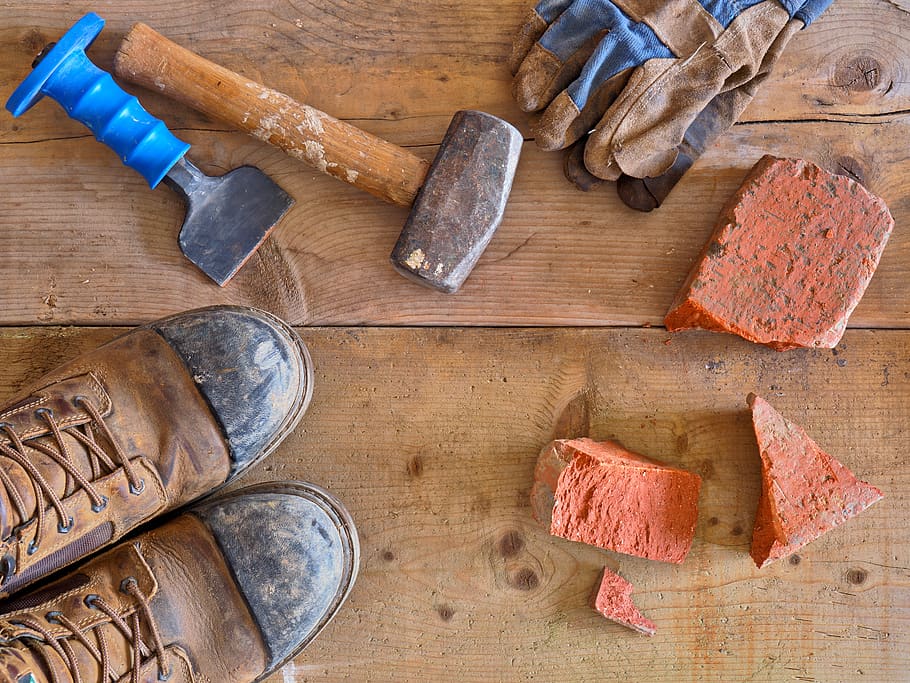 construcción, herramientas, fondo, reparar, albañil, botas, guantes, ladrillo, cincel, madera