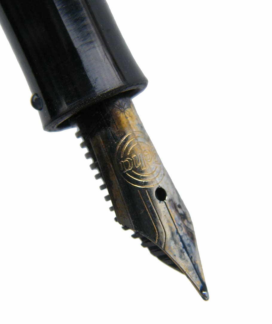 fotografia de close-up, preenchedor, caneta-tinteiro, escritório, caneta, deixar, tinta, escrita, metal, ponta