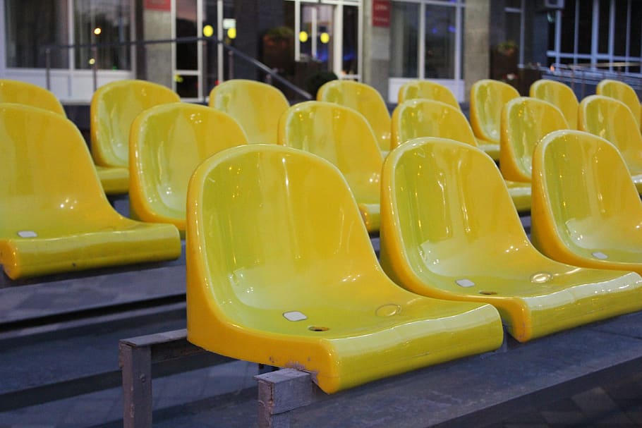 stadium, city, seat, yellow, sports, in a row, repetition, absence, side by side, large group of objects
