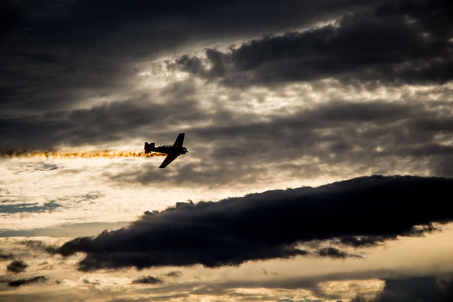 sunset, silhouette, airplane, plane, flight, clouds, propeller, sky, nature, sun