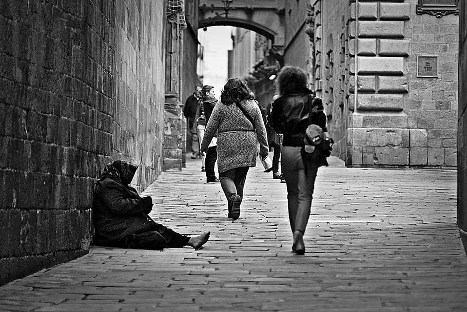 grayscale photo, people, walking, concrete, hallway, poverty, pauper, poor, street, indifference