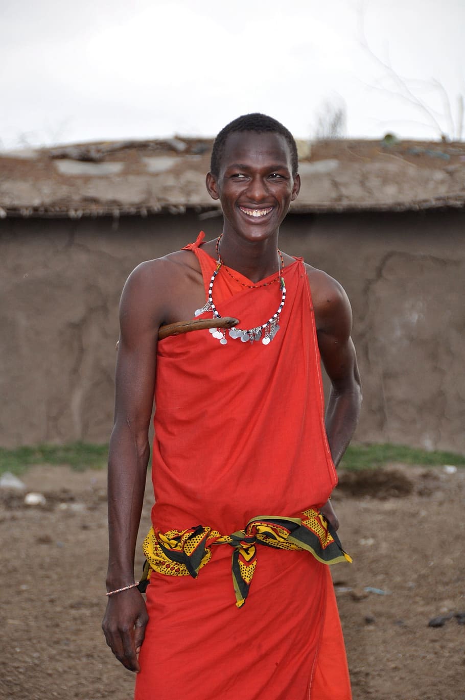 smiling, wearing, orange, dress, Masai Warrior, Man, masai, happy, culture, kenya