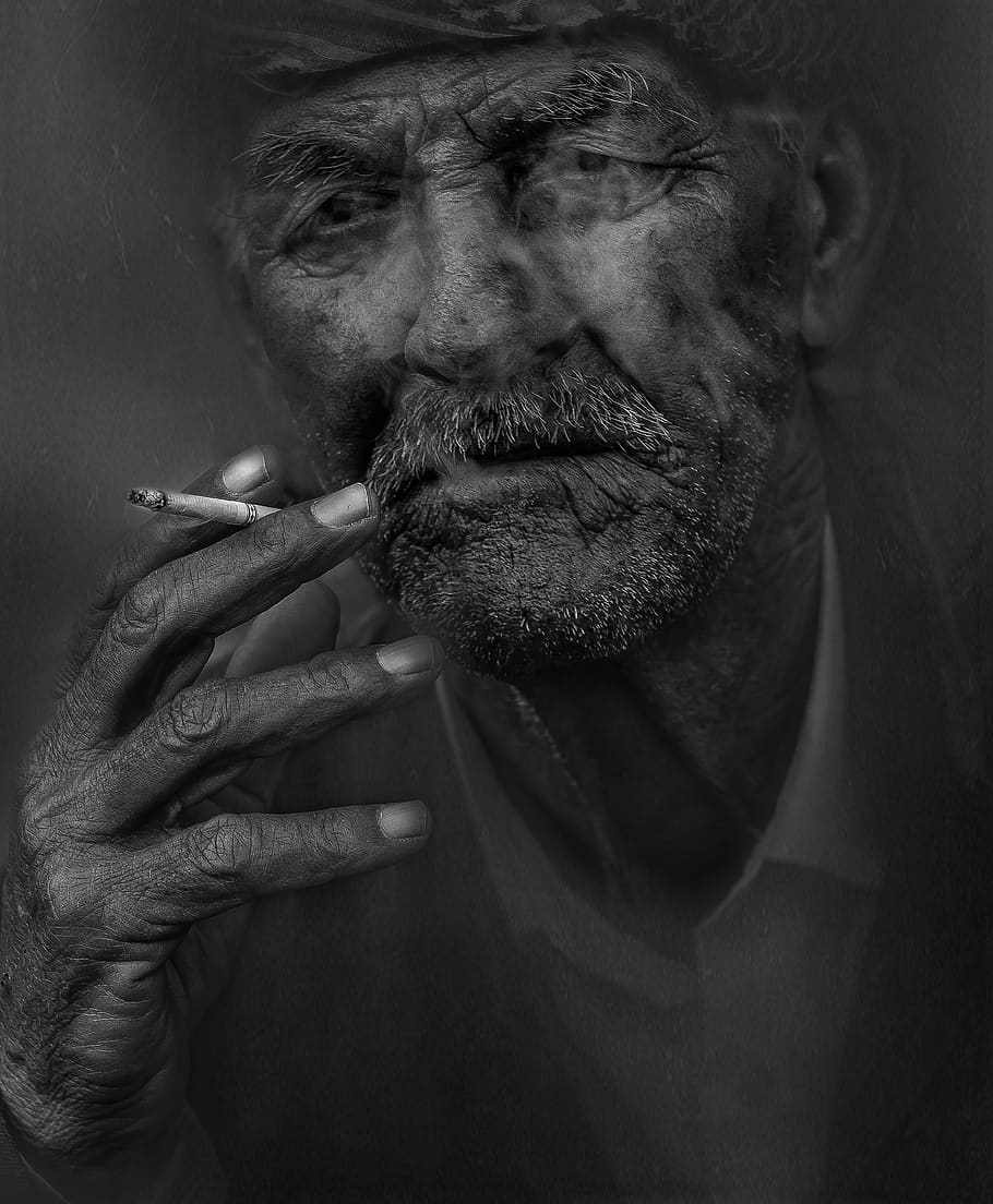 fumador, hombre, fumar, cigarrillo, viejo, anciano, retrato, gente, calle, barba