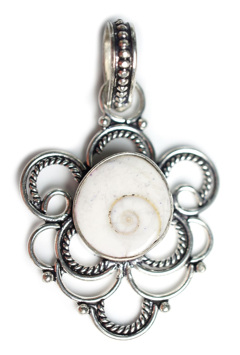 silver-colored, white, gemstone pendant, placed, surface, shiva shell, stone, pendant, gemstones, gems
