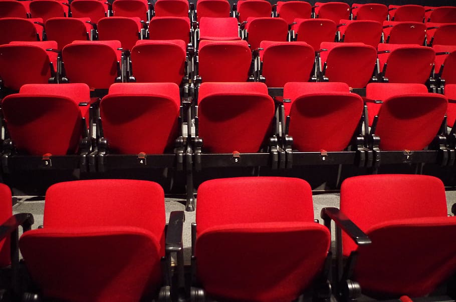 kursi teater kosong, teater, kursi, merah, budaya, di A Row, no People, kosong, bioskop Film, berturut-turut