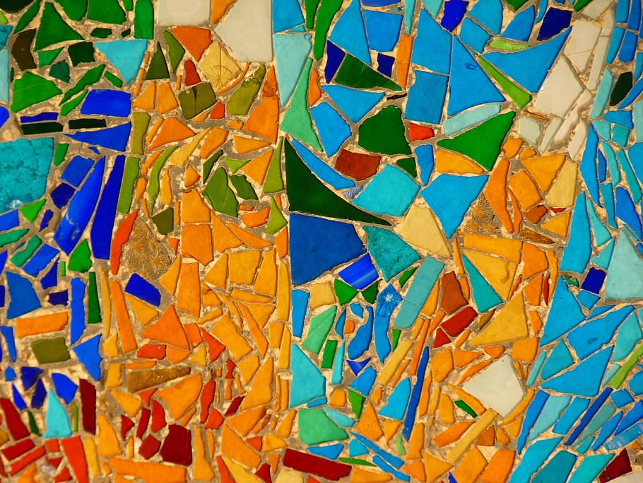 lukisan abstrak warna-warni, taman güell, gaudí, mosaik, barcelona, bingkai penuh, multi-warna, pola, latar belakang, tidak ada orang