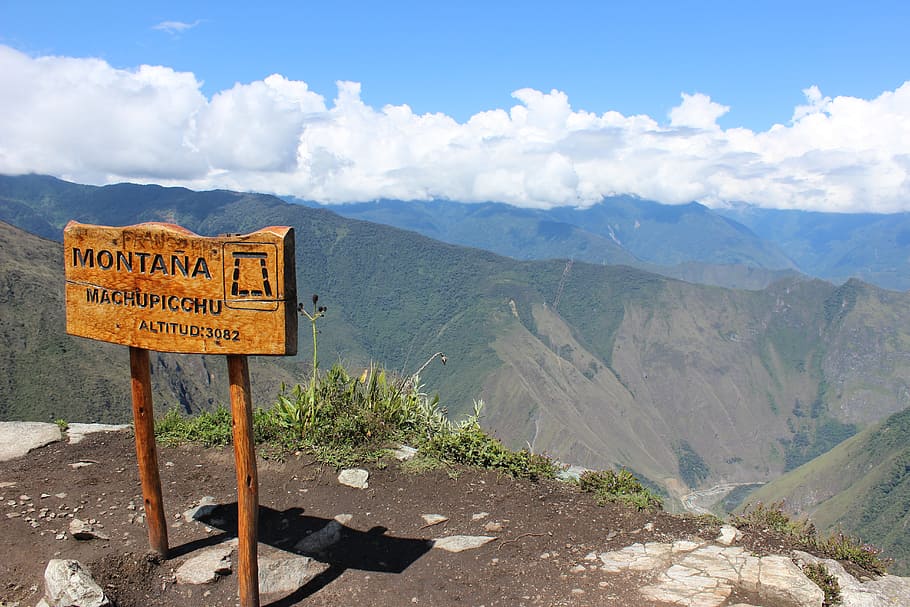 montana, kayu, signage, tepi, tebing, Peru, Machupicchu, Machu Picchu, tempat menarik, suci