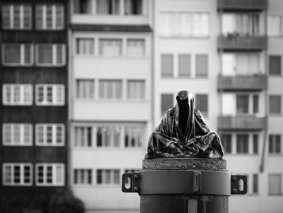 death, city, black and white, houses, bowever, figure, fear, anxiety, threat, basel