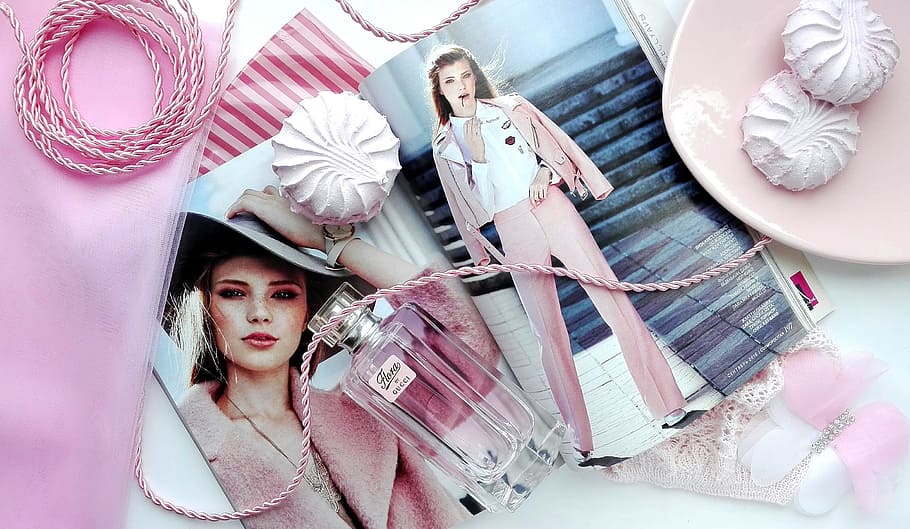 perfume bottle, woman, pink, plate, magazine, gloss, zephyr, sweet, women, fashion