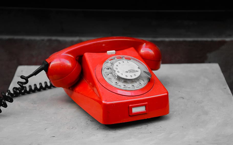 red, rotary, telephone, gray, surface, phone, alarm, communication, call, technology