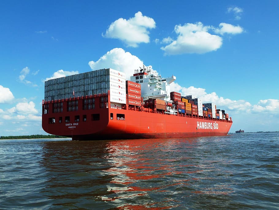 red, cargo ship, body, water, Ship, Container, Elbe, Seafaring, Port, ship, container