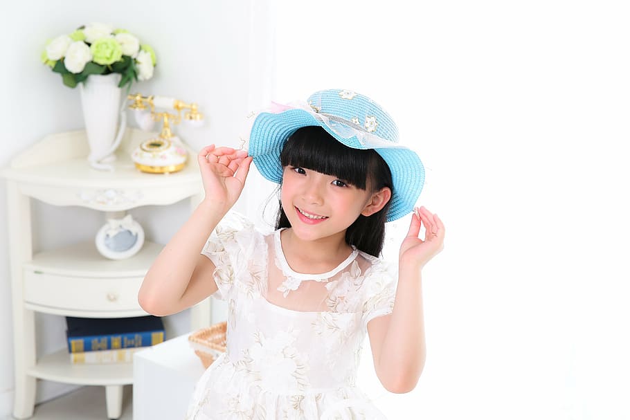 child, girls, portrait, white dress, hat, bid, asia, japanese Ethnicity, japan, people