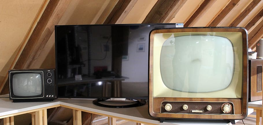 tv, retro, peralatan rumah tangga, lama, baru, pesawat televisi, teknologi, dalam ruangan, layar, kamar domestik