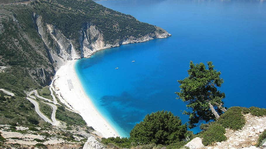 topo, foto do ângulo, ilha, cercado, azul, água do oceano, praia, grécia, ilha de cefalônia, mar