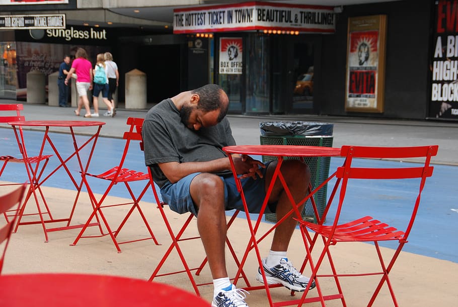 tired, sleep, time square, new york, morning, red chairs, people, men, real people, sitting