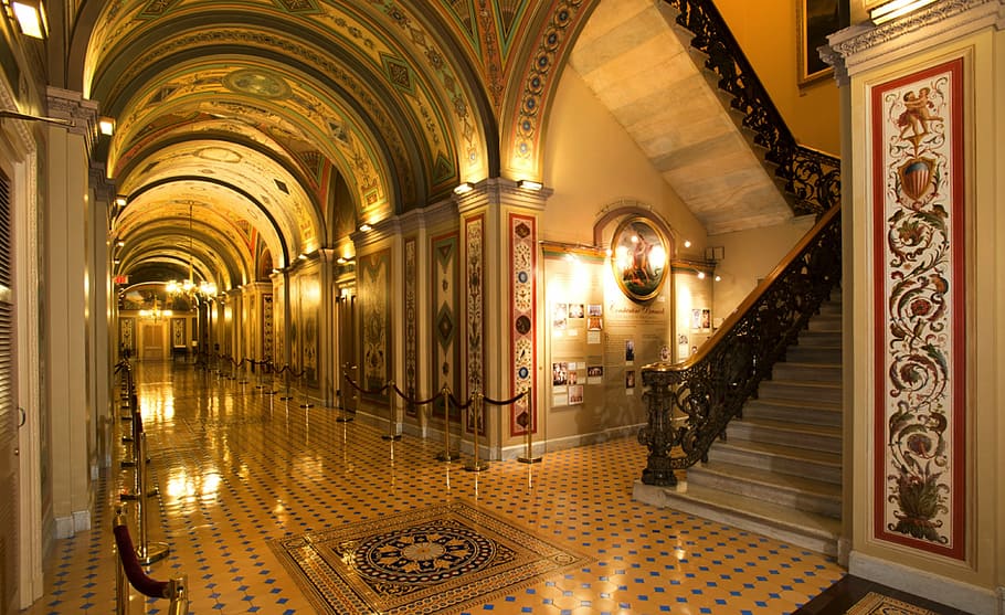 brown, hallway, lights, washington dc, capitol buildings, inside, interior, columns, decor, architecture