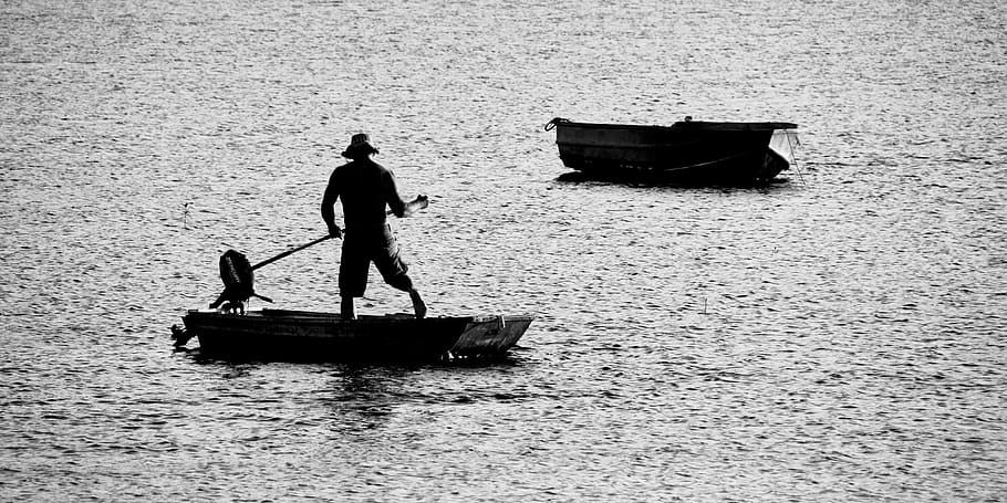fisherman, silhouette, boat, water, man, nature, ocean, sea, lake, recreation