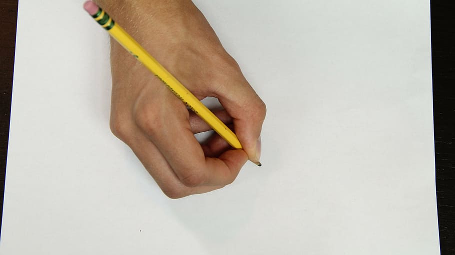 person, holding, yellow, pencil, white, paper, hand, writing, drawing, human hand