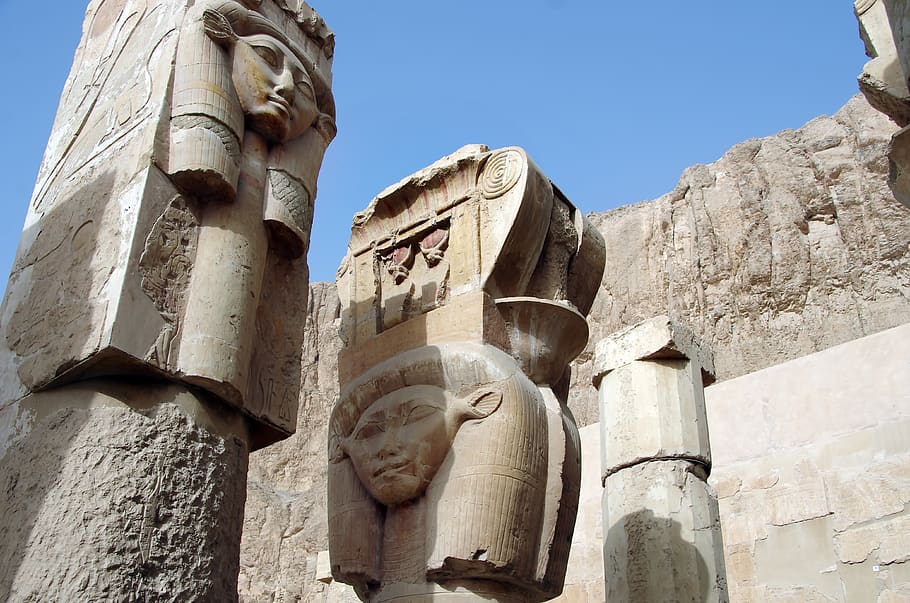 egypt, deir-el-bahari, valley of the queens, hatshepsut, queen-pharaoh, columns, sculptures, architecture, travel, sculpture