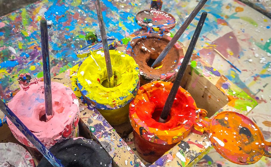 paint, bucket, creative, brush, painter, color, painting, art, workshop, watercolor