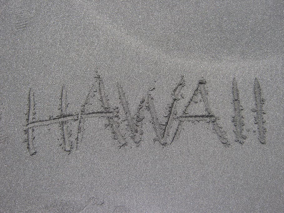 impresión de hawaii, gris, arena, hawaii, gran iland, arena de playa, fuente, letras, palabra, escrito