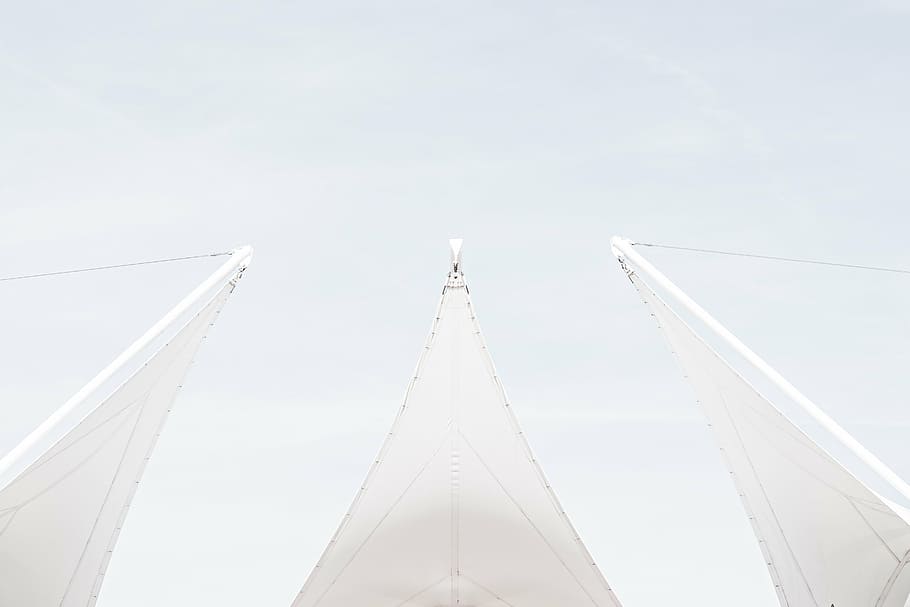 low-angle photography, glass building, day, white, abstract, sky, sailboat, transportation, low angle view, mode of transportation