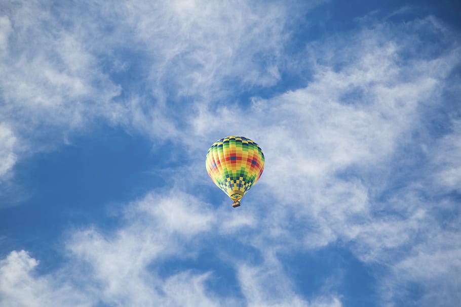 amarelo, azul, quente, balão de ar, céu, natureza, paisagem, nuvens, pára-quedas, aérea