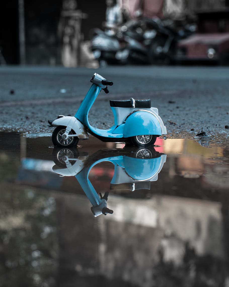 blue, miniature, motor scooter, water, people, sport, outdoors, action, wheel, bike