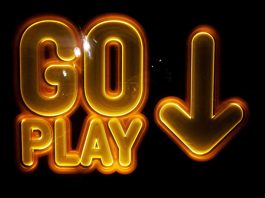 yellow, brown, go, play, neon signage, orange, LED, sign, game hell, shield