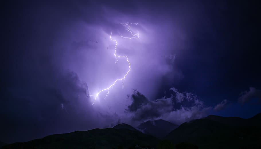 lightning bolt, mountain, nighttime, lightning, night, nature, landscape, mountains, summit, peaks