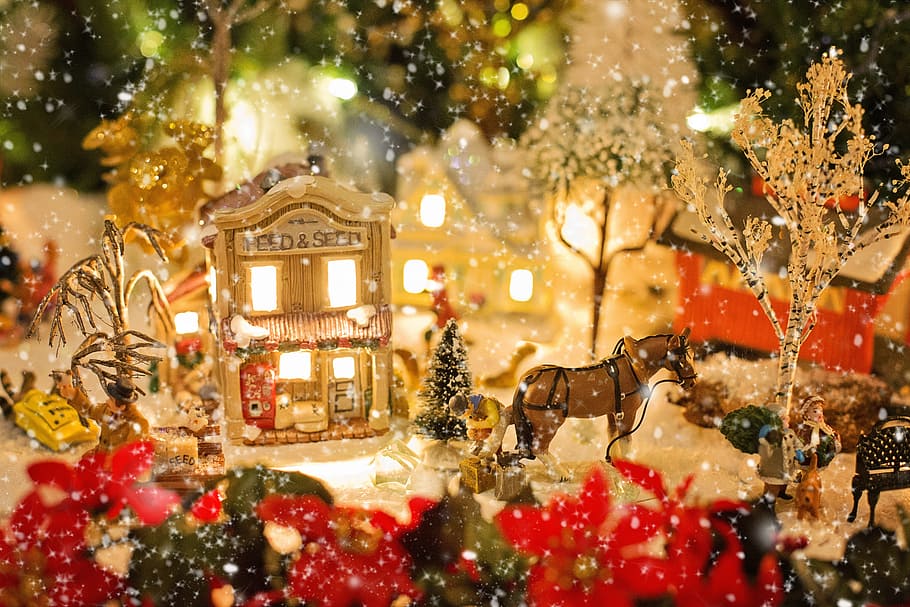 茶色, 赤, クリスマスデコレーション, クリスマスビレッジ, クリスマス, 雪, 冬, 休日, 風景, 装飾