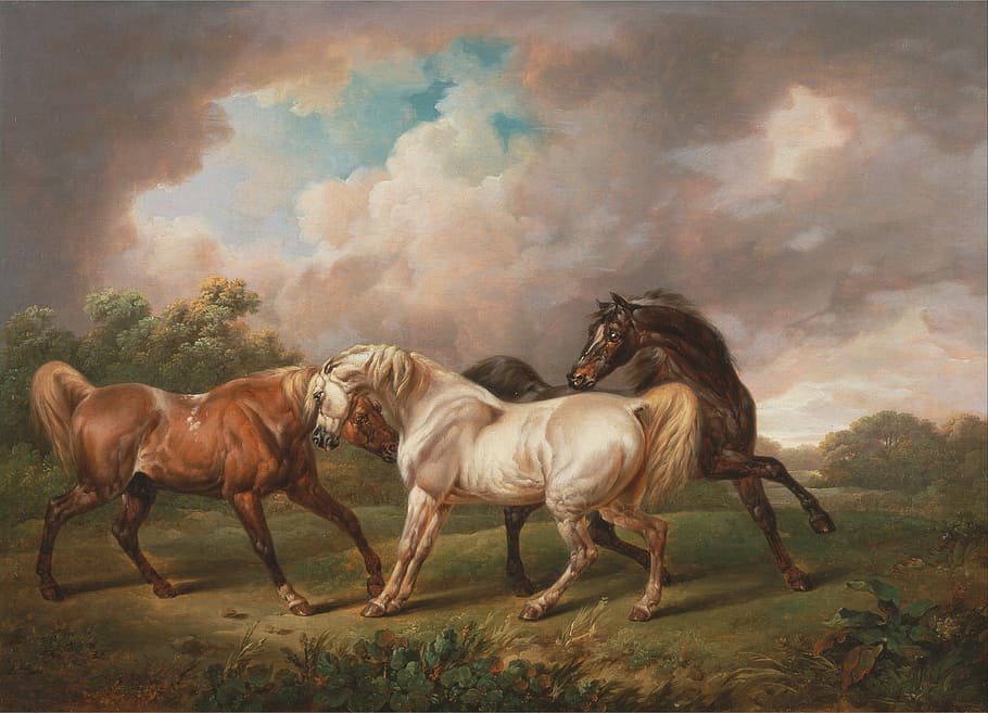 three, brown, white, horses, green, grass field, thick, clouds painting, charles towne, art