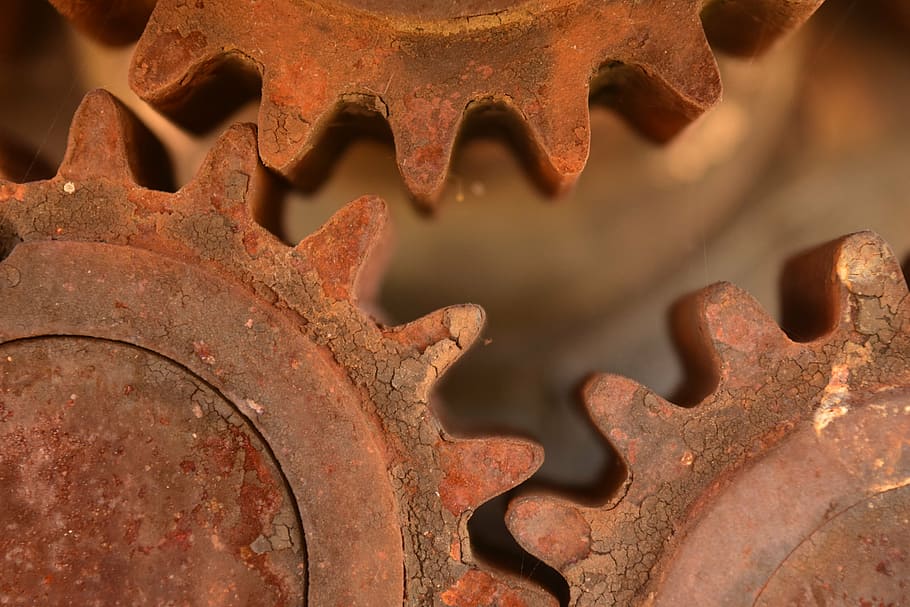 rusted, brown, transmission gears, gears, metal, stainless, technology, machine, old, macro