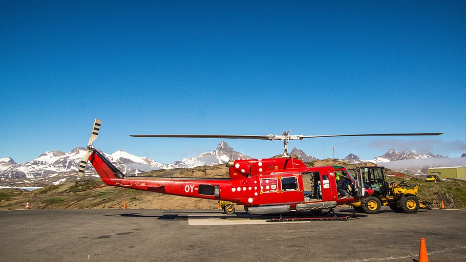 helicopter, red, helipad, flight, transport, travel, transportation, aviation, copter, mountain