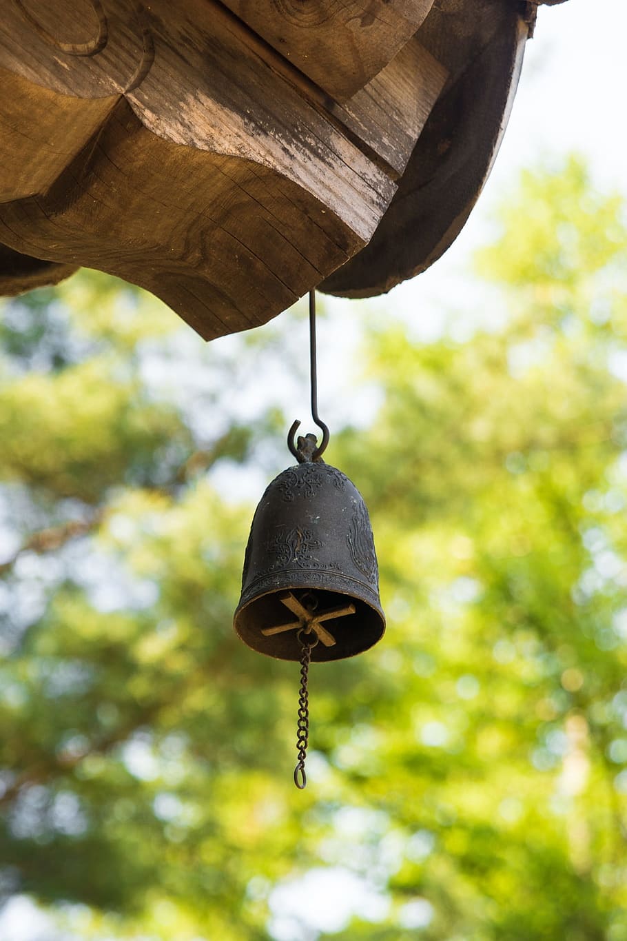 bell, korean, asian, traditional, temple, culture, religion, green, wood, tree
