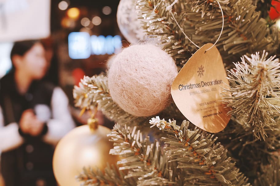 Navidad, árbol, bola, etiqueta, ornamento, decoración, vacaciones, desenfoque, primer plano, juguete