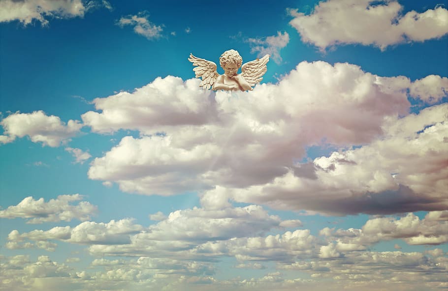 patung malaikat, putih, awan, siang hari, malaikat, patung, awan putih, figur malaikat, malaikat pelindung, sayap
