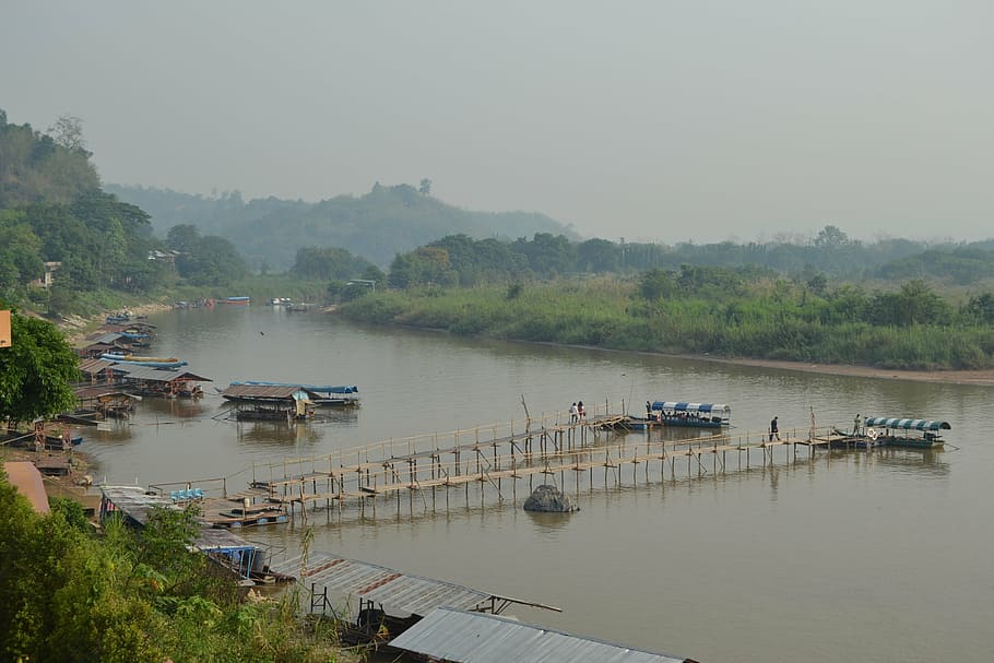 golden triangle, laos, boats, river, boat, canoe, dawn, mist, water, transportation